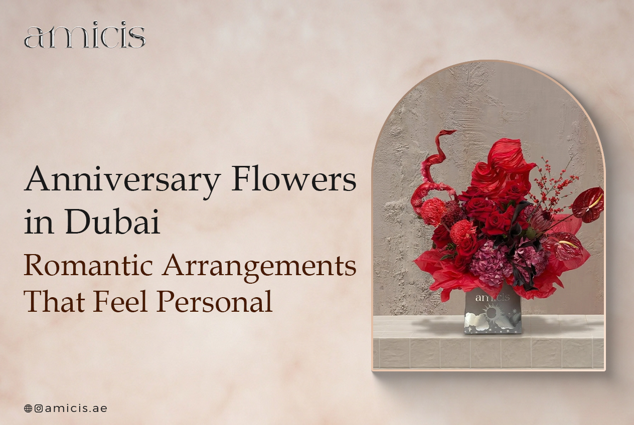 Romantic anniversary flowers Dubai bouquet by Amicis