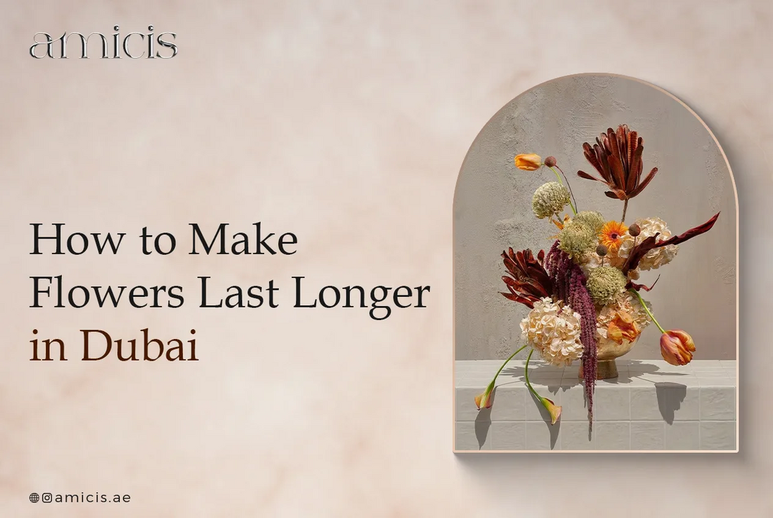How to make flowers last longer in Dubai: an Amicis autumnal vase arrangement of hydrangeas, tulips, banksia and amaranthus