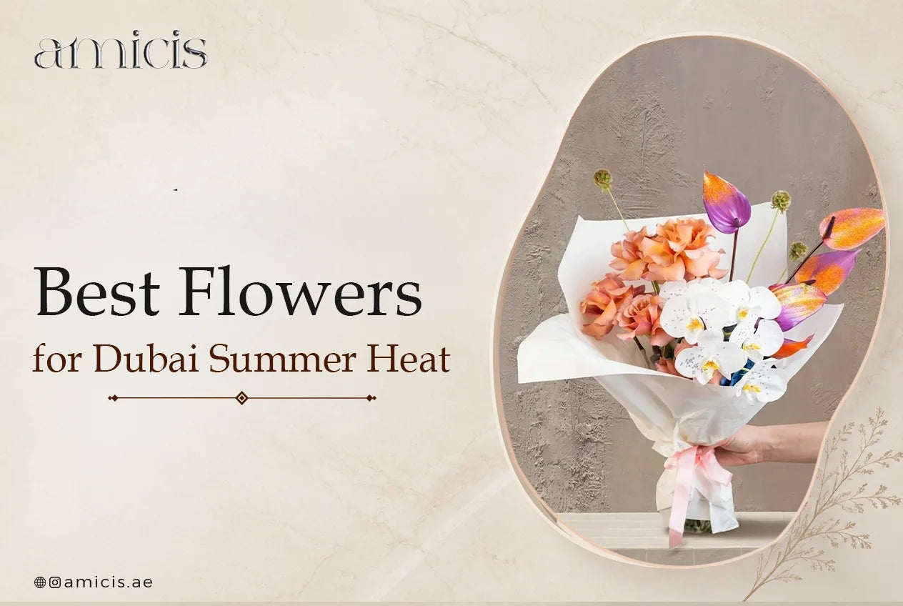 Best flowers for Dubai summer heat: an Amicis bouquet of orange roses, white phalaenopsis orchids and anthuriums