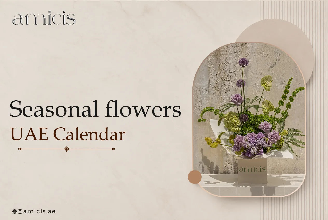 Seasonal flowers UAE calendar: an Amicis arrangement of lavender roses, allium, anthurium and bells of Ireland