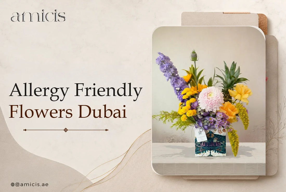 Allergy-friendly flowers in Dubai: an Amicis low-pollen arrangement of delphinium, chrysanthemum, roses and asters