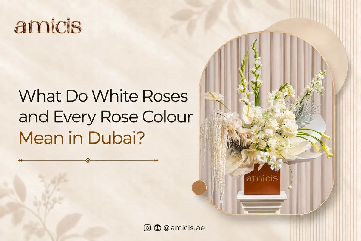 Cream and white rose arrangement in an Amicis box, from a Dubai guide to what every rose colour means