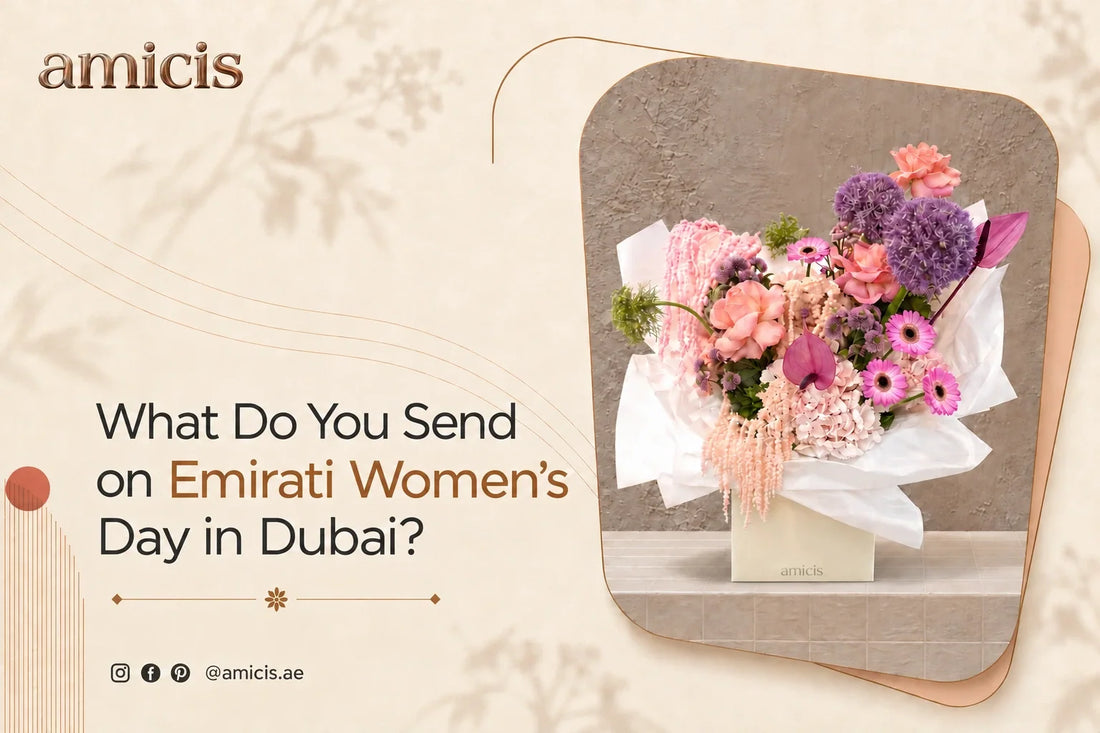Pink and purple bouquet with roses, gerberas and allium in an Amicis box for Emirati Women's Day in Dubai