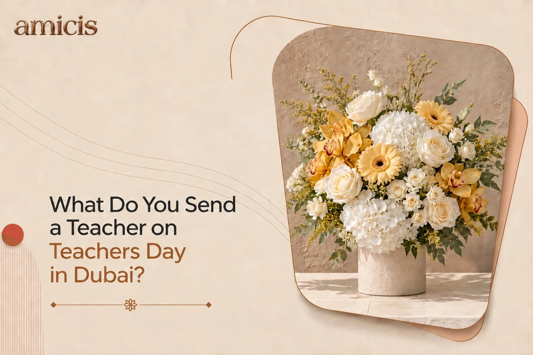White and yellow arrangement with roses, hydrangea and orchids in a stone vase, a Teachers Day gift in Dubai