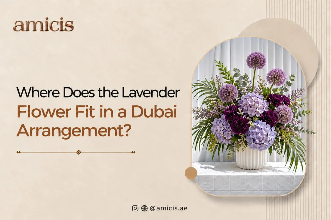 Lavender hydrangea and allium arrangement in a white fluted vase in a Dubai home
