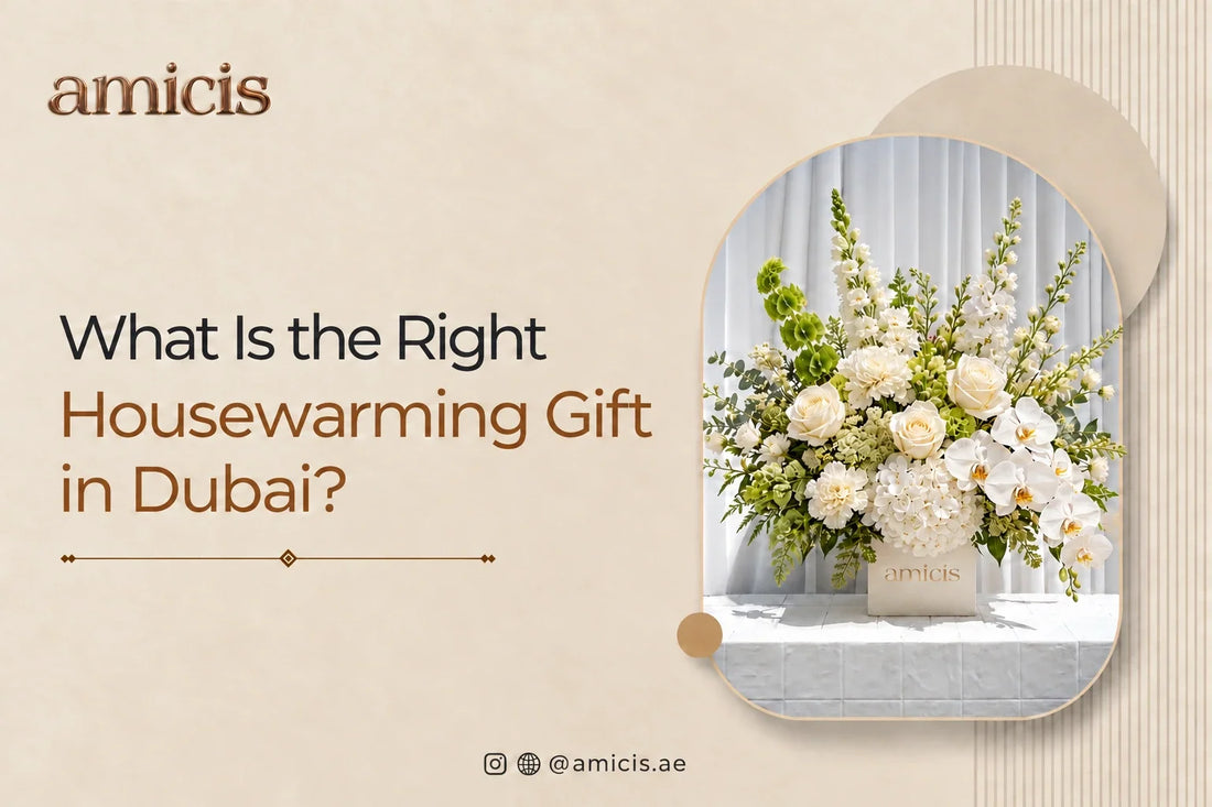 White roses, orchids and hydrangea in an Amicis box, a housewarming gift in Dubai