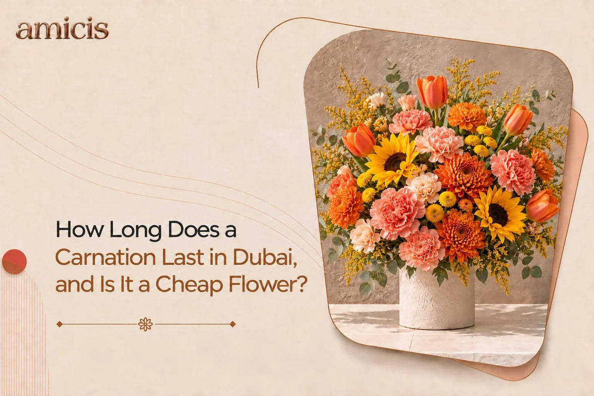 Coral carnations with tulips and sunflowers in a stone vase in Dubai