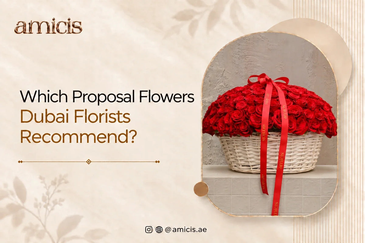 Basket of red roses tied with an Amicis ribbon, a proposal arrangement in Dubai