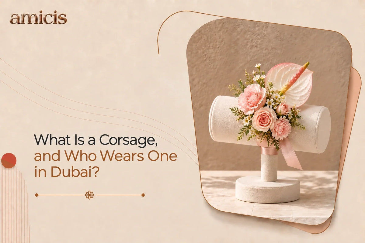 Pink rose and anthurium corsage on a wrist stand in Dubai