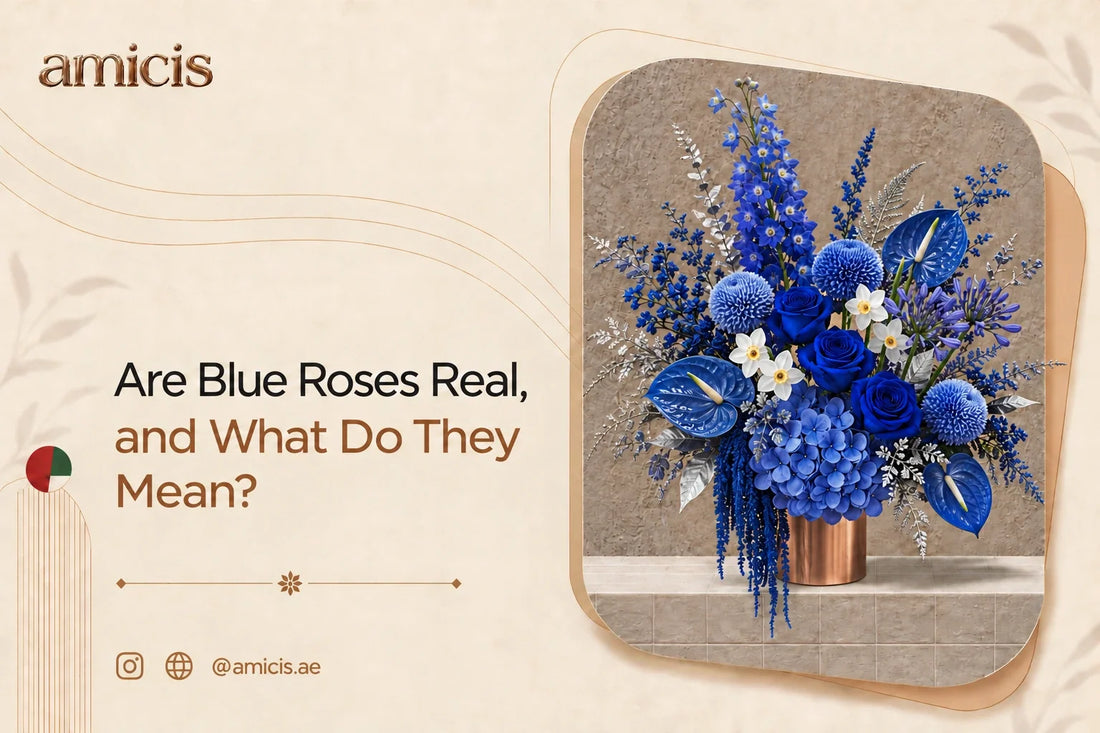 Blue roses with hydrangea, anthurium and delphinium in a copper vase in Dubai