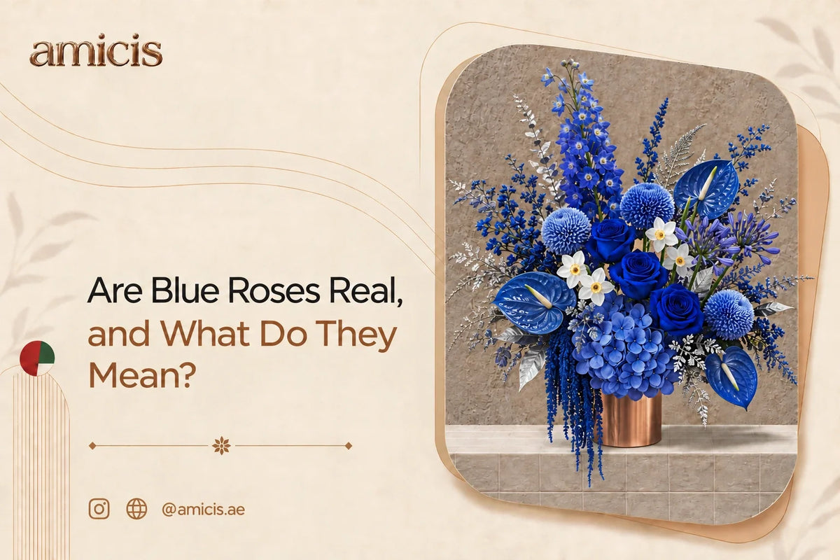 Blue roses with hydrangea, anthurium and delphinium in a copper vase in Dubai