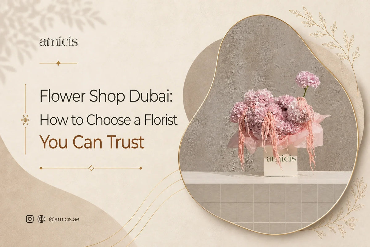 Amicis flower shop in Dubai article banner with a luxury arrangement