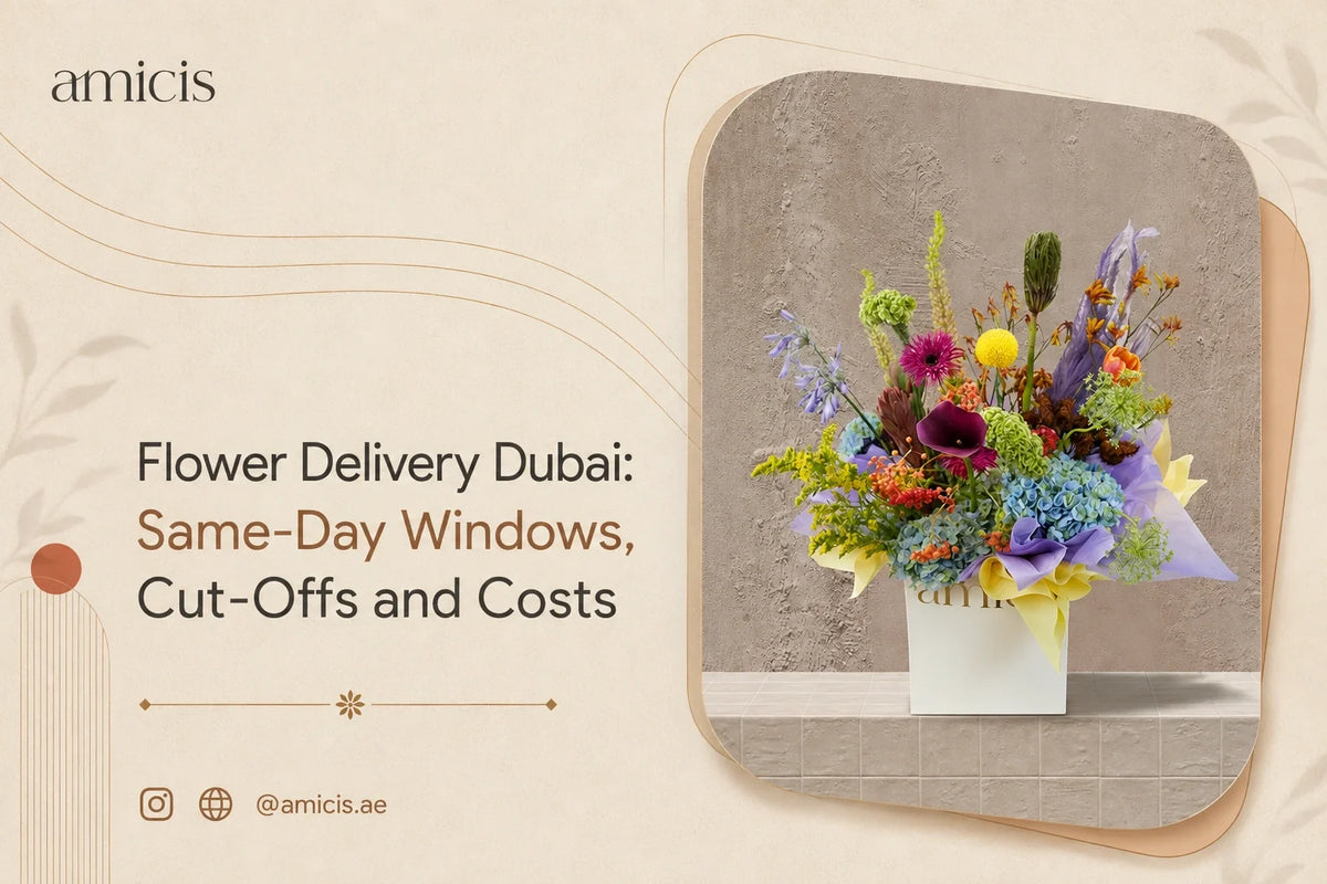 Amicis flower delivery Dubai article banner with a bouquet ready to dispatch
