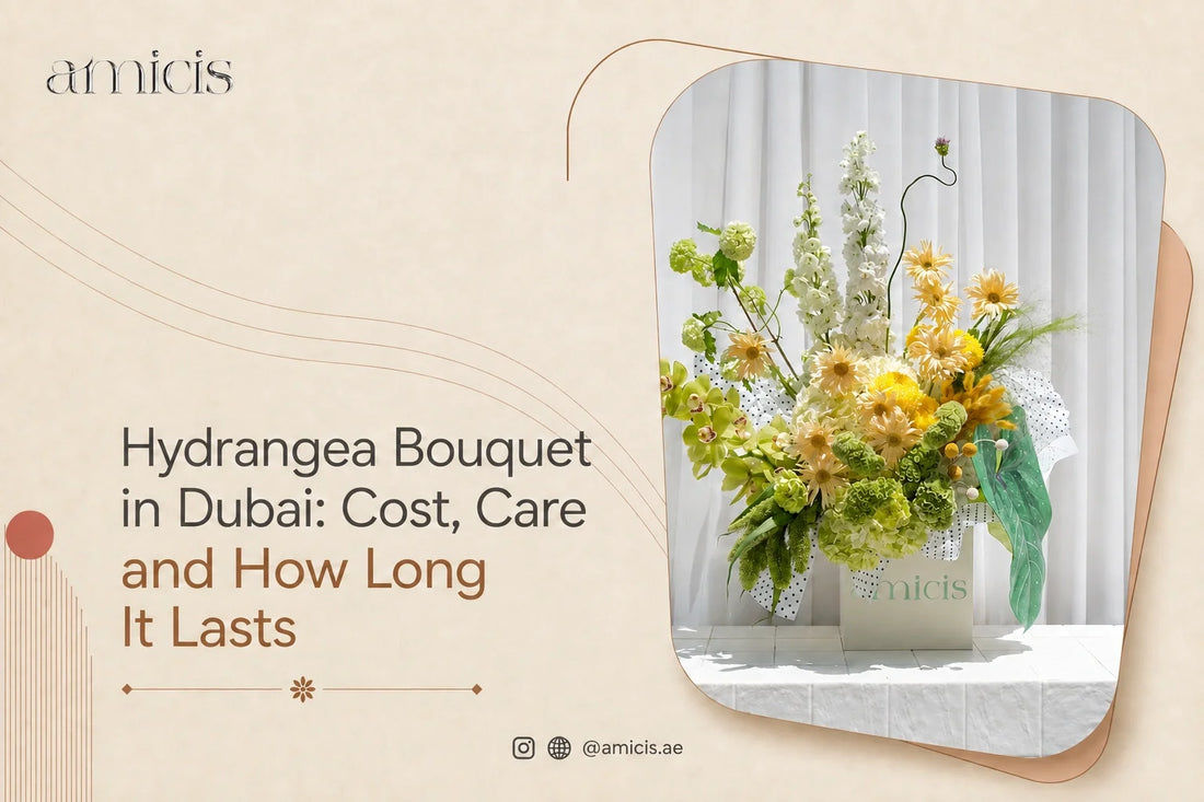 Amicis hydrangea bouquet article banner with a hydrangea arrangement
