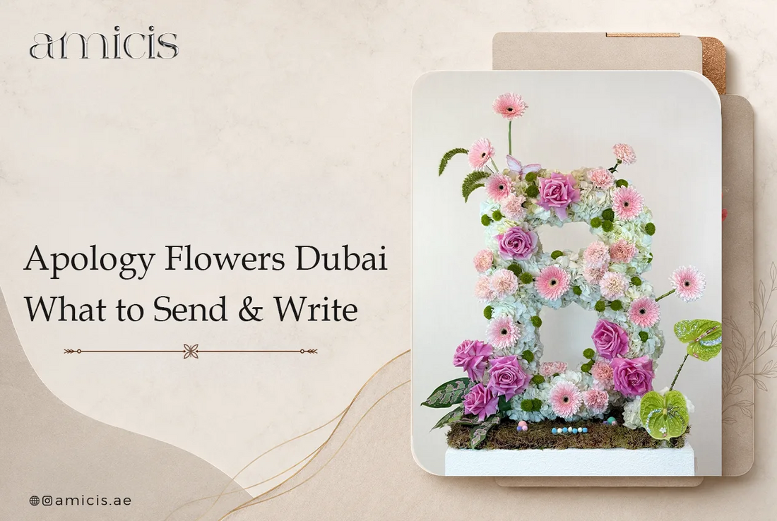 Apology flowers in Dubai: an Amicis arrangement of pink roses, gerberas and white hydrangea