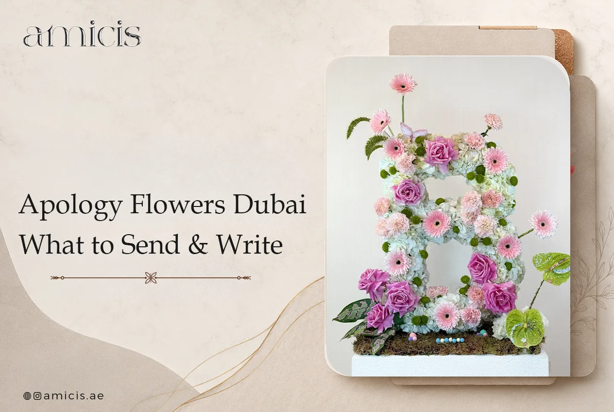 Apology flowers in Dubai: an Amicis arrangement of pink roses, gerberas and white hydrangea