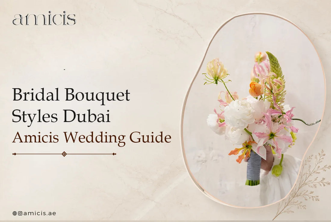 Bridal bouquet styles in Dubai: a bride holding an Amicis white and blush bouquet of ranunculus, gloriosa lily and tulips