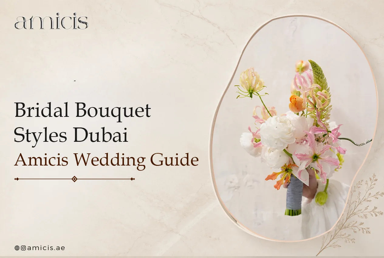 Bridal bouquet styles in Dubai: a bride holding an Amicis white and blush bouquet of ranunculus, gloriosa lily and tulips