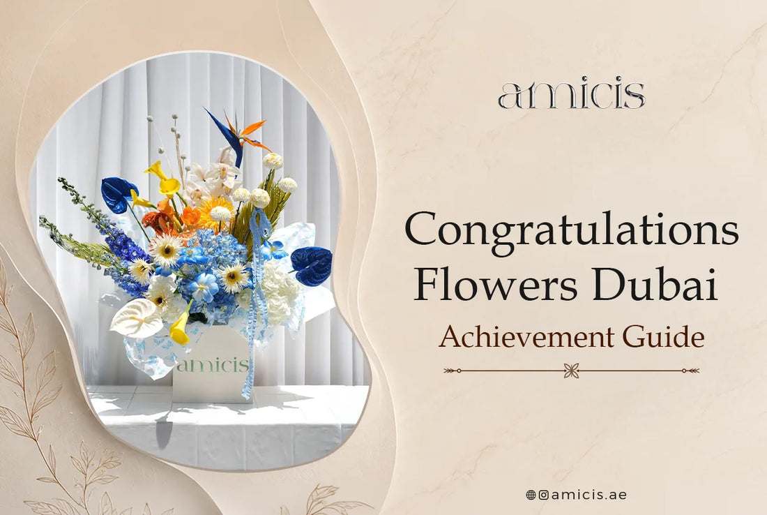 Congratulations flowers in Dubai: a blue and white Amicis arrangement of hydrangea, anthuriums, calla lilies and bird of paradise