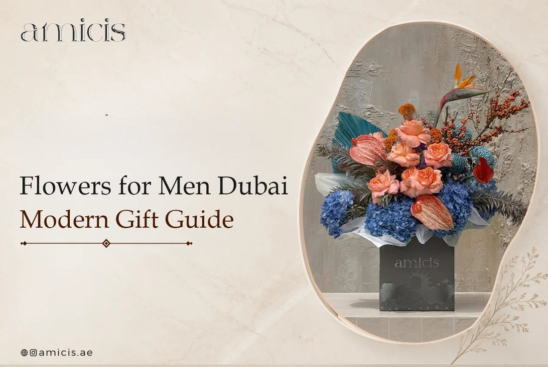 Flowers for men in Dubai: a bold Amicis arrangement of blue hydrangea, peach roses and anthuriums in a dark box