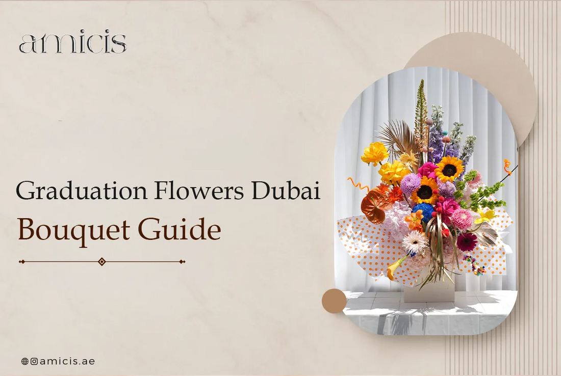 Graduation flowers in Dubai: a colourful celebratory Amicis bouquet of dahlias, sunflowers and delphinium