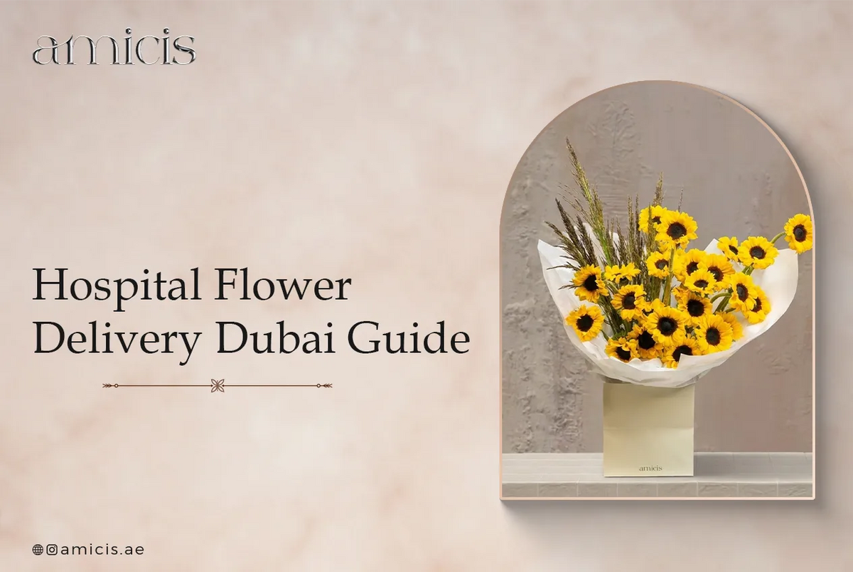 Hospital flower delivery in Dubai: a bright Amicis sunflower bouquet wrapped for a bedside
