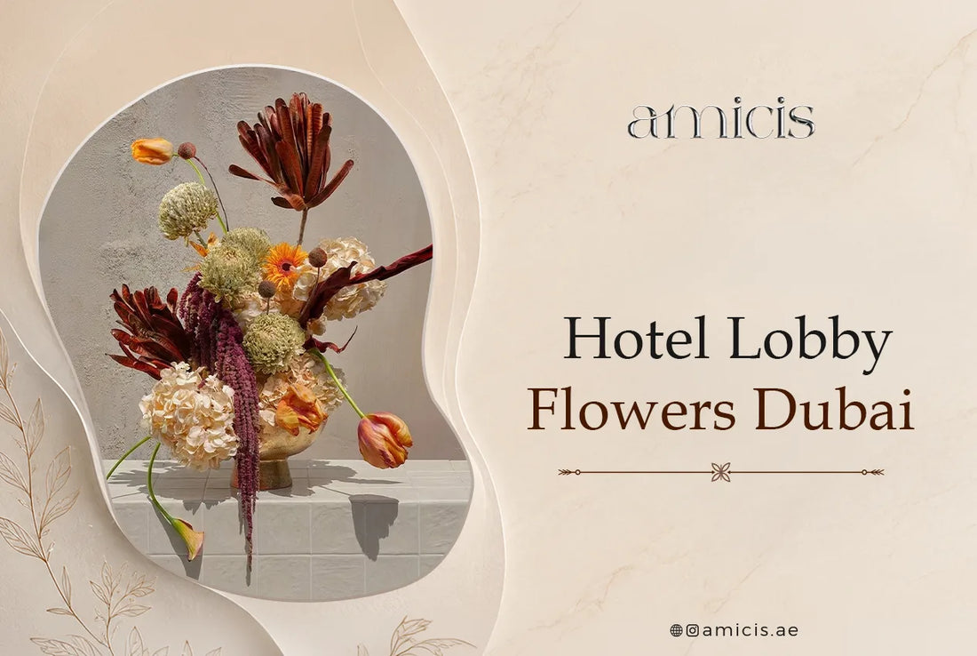 Hotel lobby flowers in Dubai: a sculptural Amicis arrangement of dried banksia, hydrangea, tulips and amaranthus