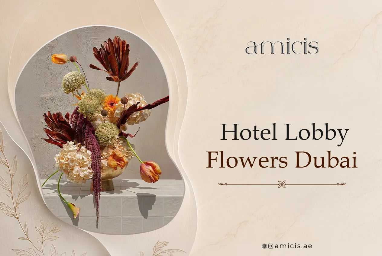 Hotel lobby flowers in Dubai: a sculptural Amicis arrangement of dried banksia, hydrangea, tulips and amaranthus