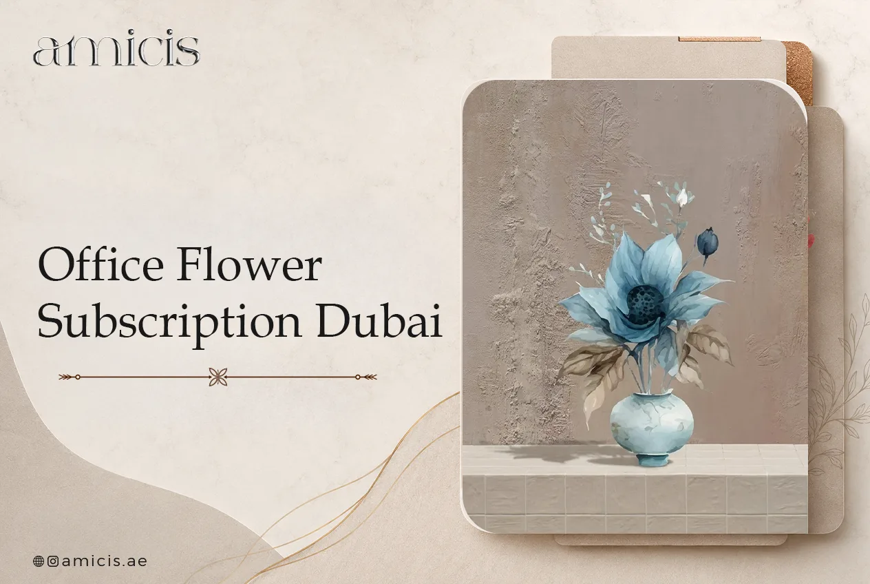 Office flower subscription in Dubai: a serene blue Amicis floral arrangement in a ceramic vase