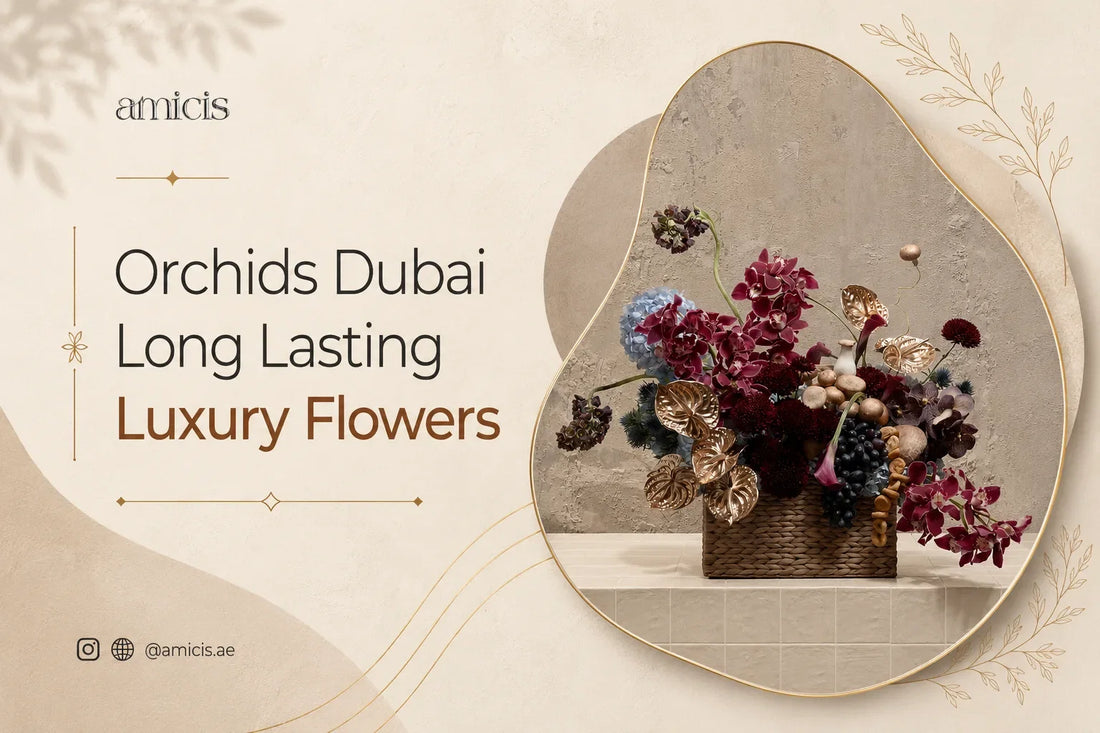 Orchids Dubai: long-lasting burgundy orchid and gold arrangement
