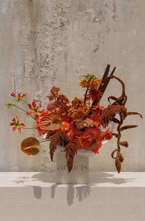 Calypso - burnt orange anthurium, gloriosa lilies, orchids, chrysanthemums, rust amaranthus, and twisted elements in a white box vase by Amicis