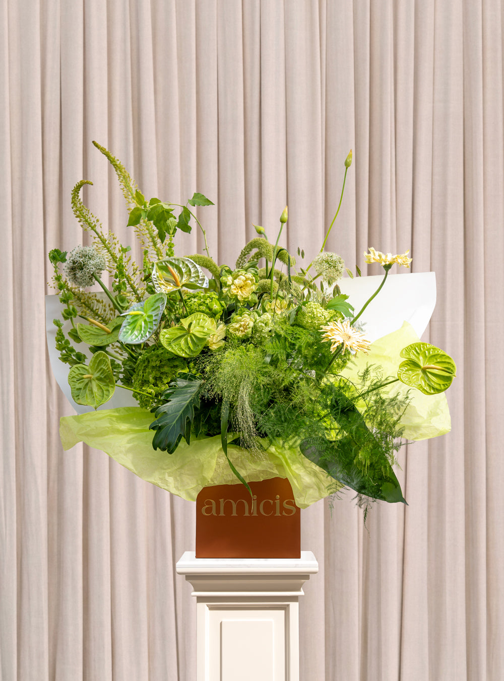 Everleaf all-green botanical arrangement with green anthurium, green hydrangea, gerbera, allium and trailing amaranthus in a copper Amicis box