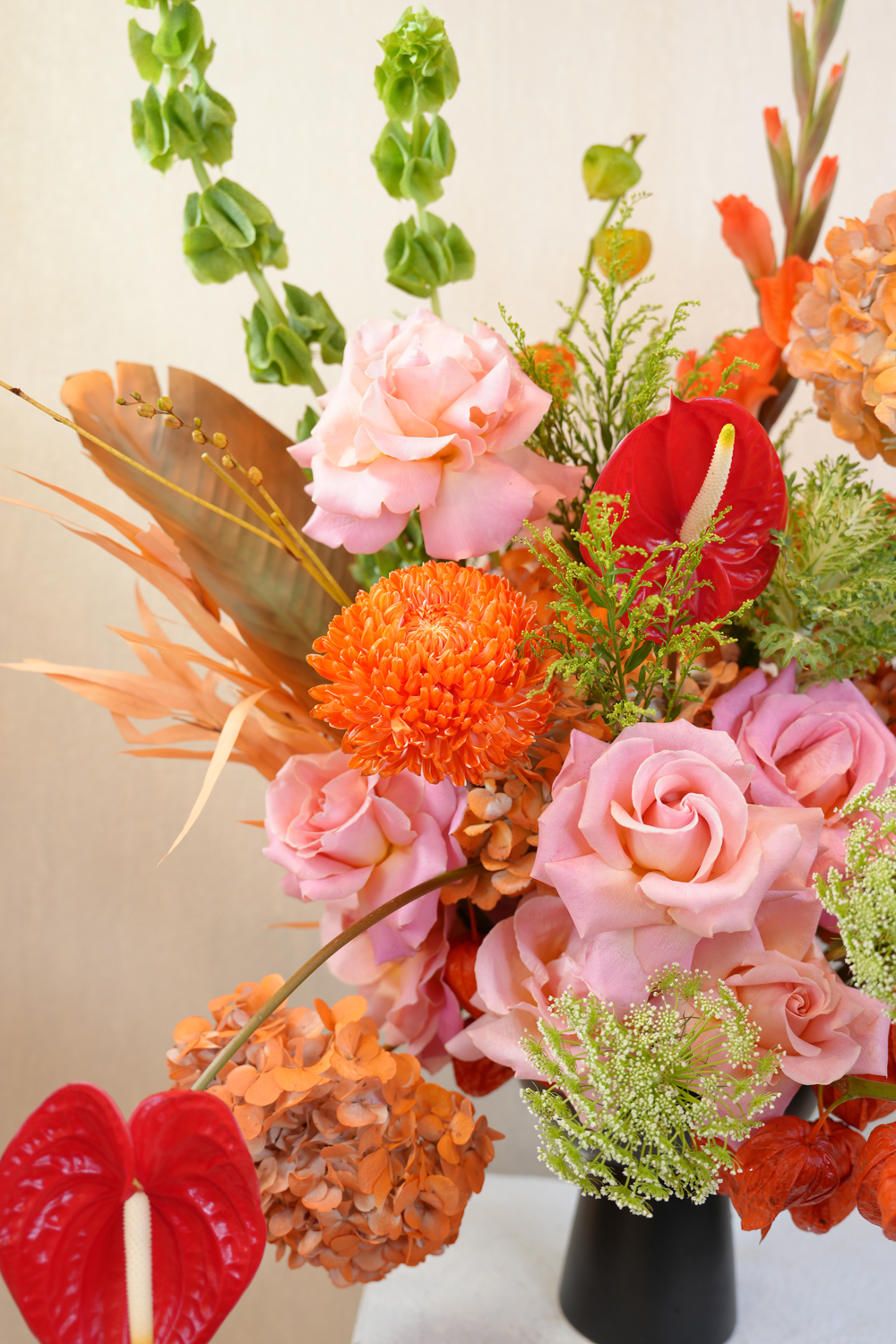 Citric Charm - blush pink roses, orange hydrangeas, red anthurium, green bells of Ireland, and physalis in a black ceramic vase by Amicis