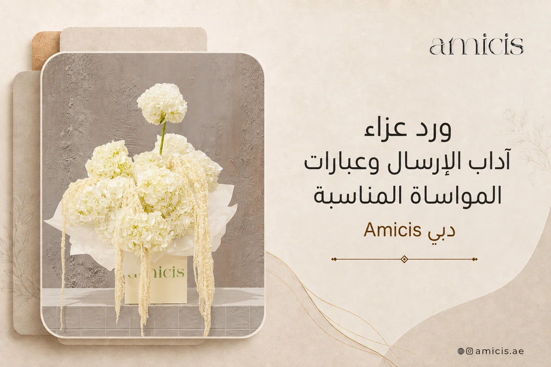 بانر مقال ورد العزاء من Amicis مع تنسيق ابيض هادئ