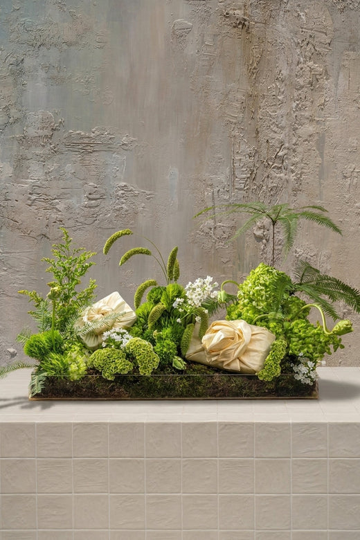 Bespoke Tray - lush green hydrangeas, ferns, foxtail grass, small white blooms, and cream wrapped