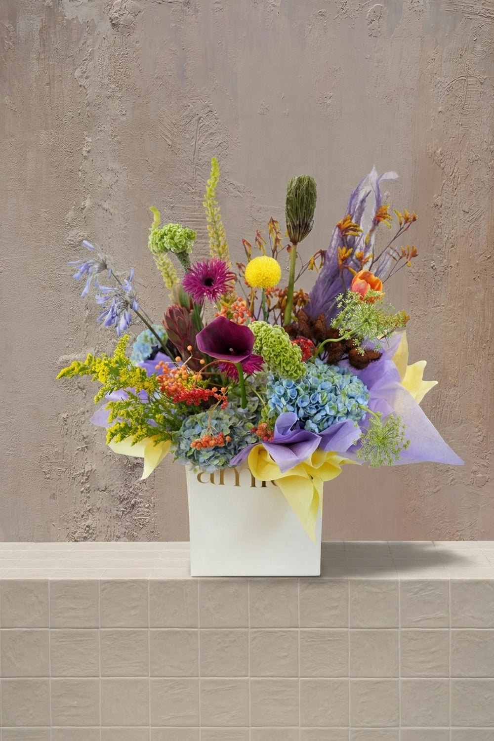 Botanic Reverie - blue hydrangeas, purple calla lily, yellow craspedia, and colorful mixed blooms in a white gift box with purple/yellow wrap by Amicis