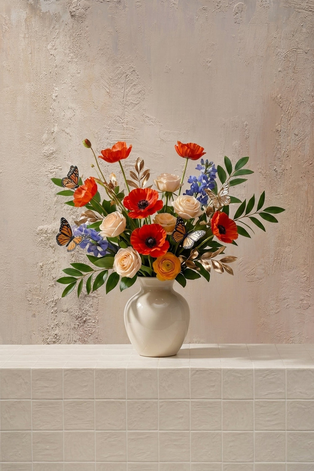Breeze Notecard - red poppies, cream roses, blue delphinium, and orange ranunculus with gold accents in a white ceramic vase by Amicis