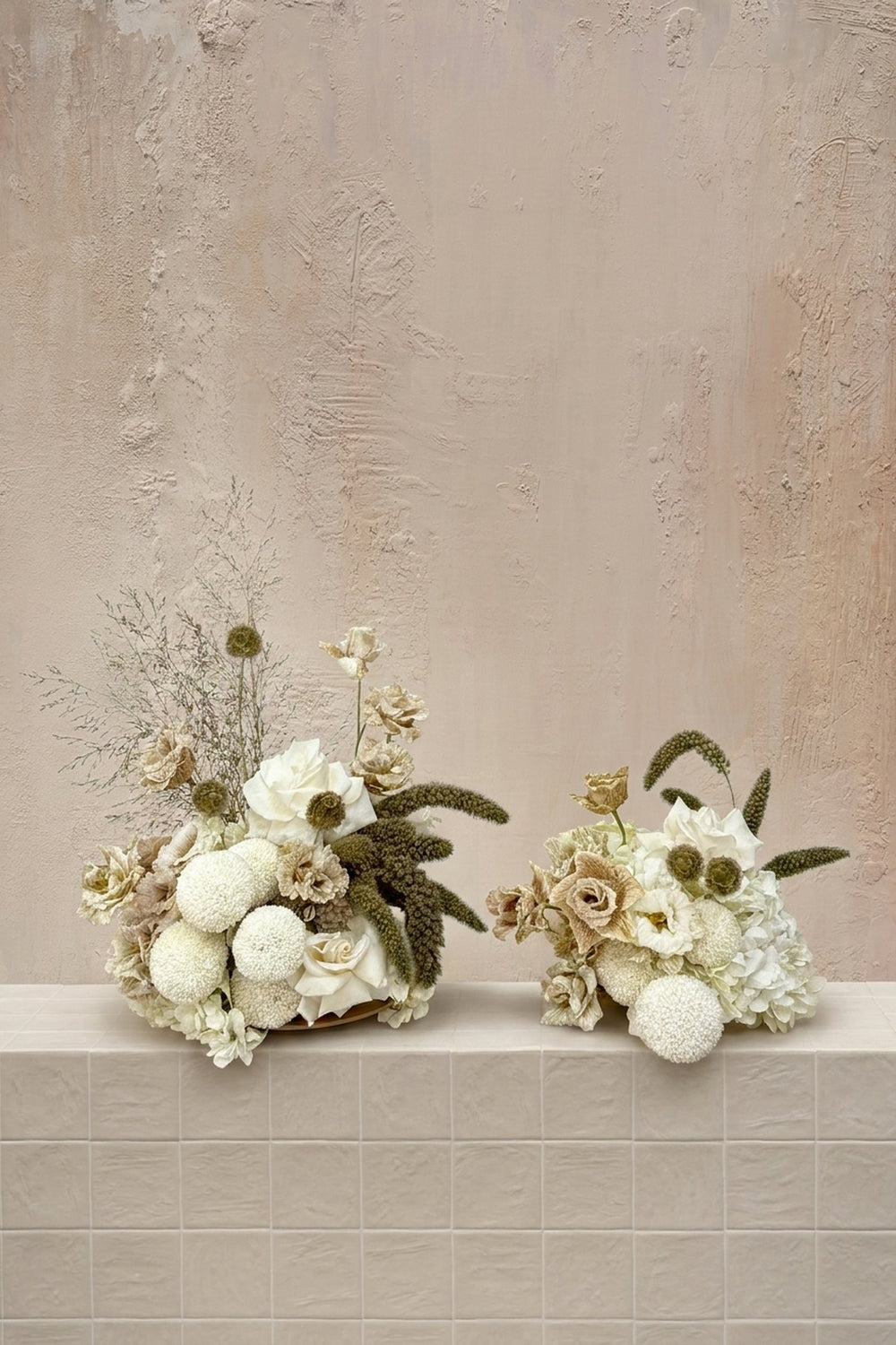Classic Bloom - beige roses, white hydrangeas, chrysanthemums, and green foxtail grass in a low cream dish by Amicis