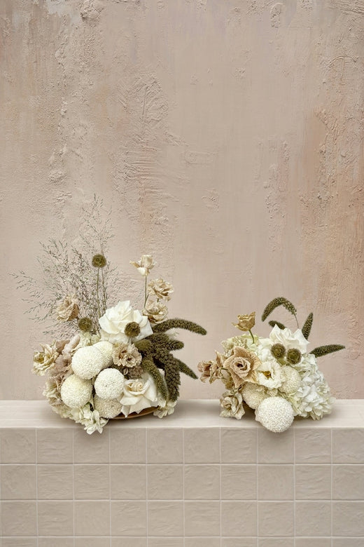 Classic Bloom - beige roses, white hydrangeas, chrysanthemums, and green foxtail grass in a low