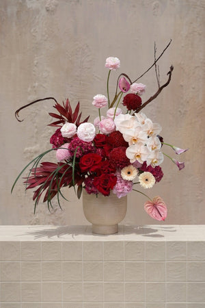 Cupid’s Crush - deep red roses, dahlias, blush ranunculus, cream orchids, pink anthurium, burgundy foliage in a ribbed vase by Amicis
