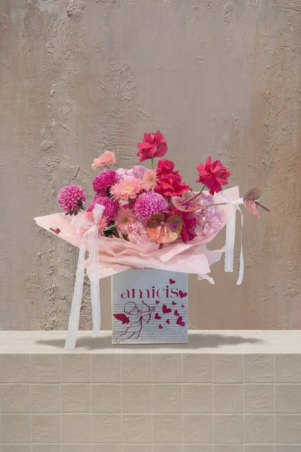 Cute Blink - mixed pink roses, chrysanthemums, gerberas, hydrangeas, and anthurium in a white gift box by Amicis
