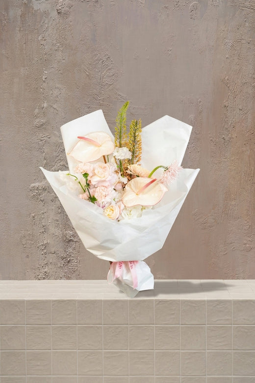 Blush Radiance - blush pink anthurium, roses, carnations, gerbera, and mixed fillers in a white