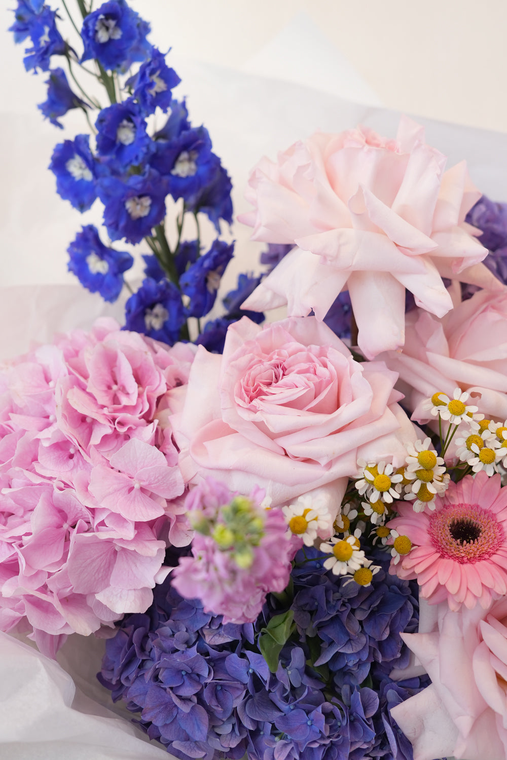 Bouquet of pink, purple, and blue flowers on a white background