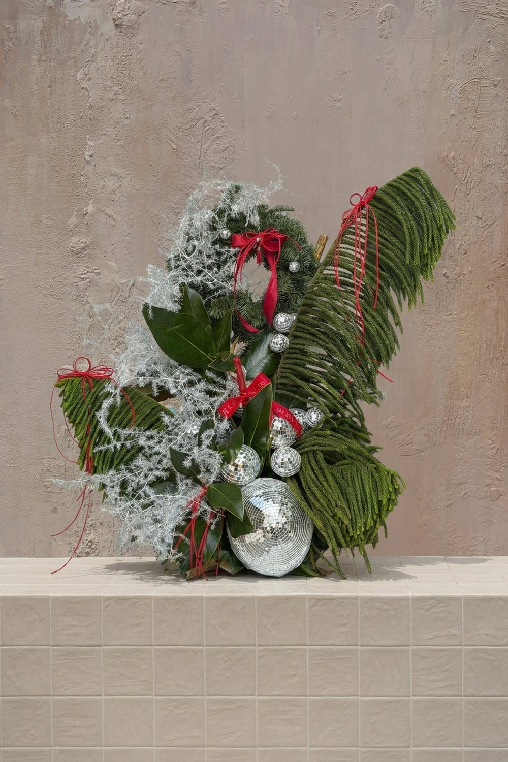 Holidays 03 - deep green pine and magnolia foliage with sparkling silver elements, red ribbons, and disco balls in a tabletop arrangement by Amicis