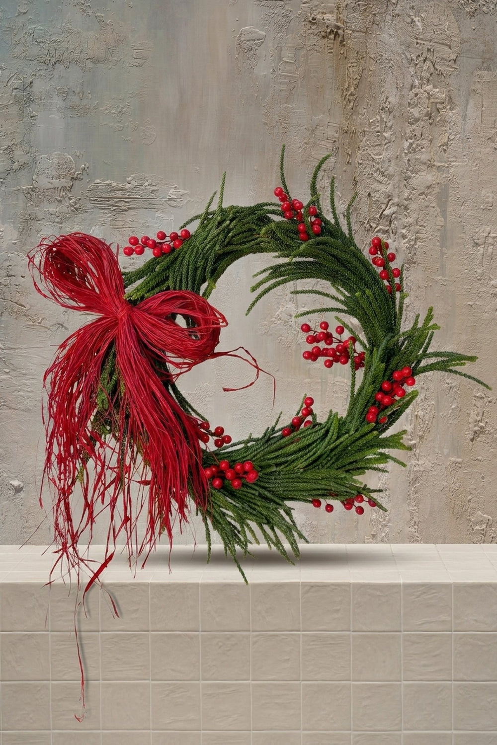 Holidays 04 - festive deep green pine wreath with bright red berries and a textured red bow by Amicis