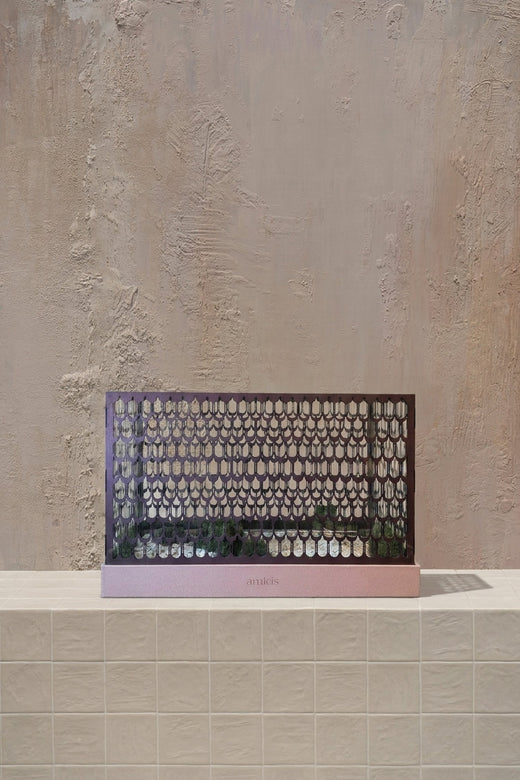 Housewarming Hamper Plain - blush pink base with a dark purple patterned screen, holding minimal