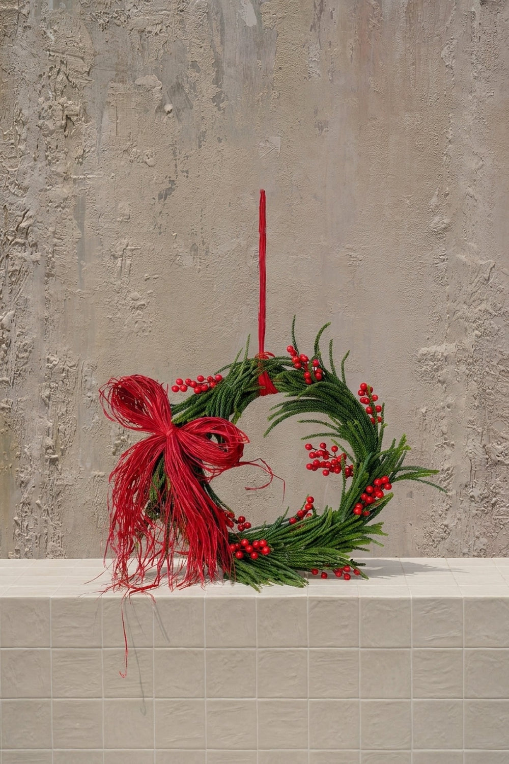 Sparkle Holidays 11 - lush evergreen wreath with vibrant red berries and a textured red ribbon bow by Amicis