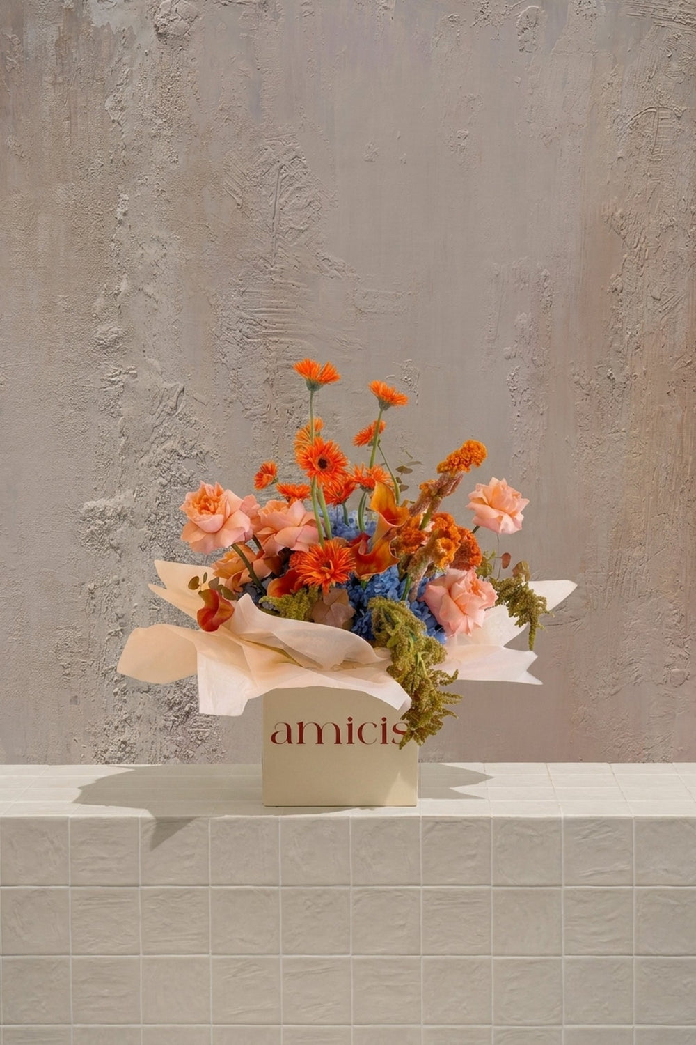Terracotta - terracotta orange gerberas, soft peach roses, vibrant blue hydrangeas, and green amaranthus in a cream gift box by Amicis
