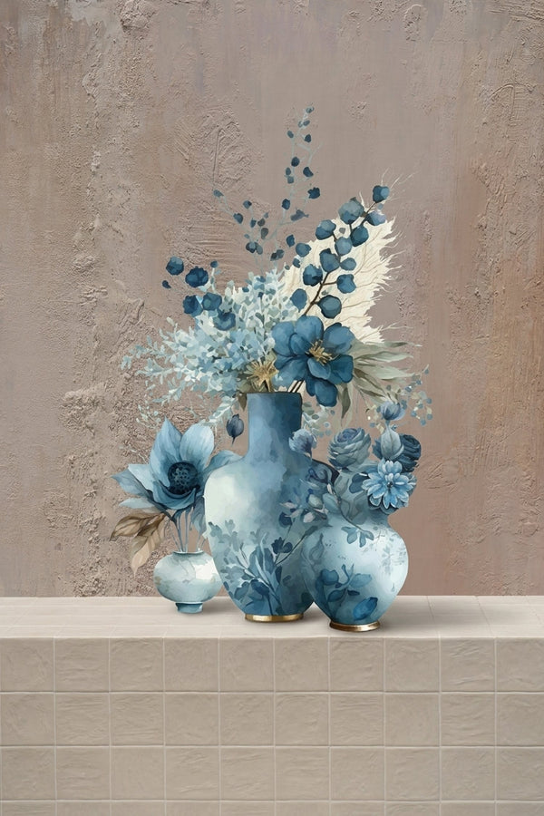 The Grand Affair – AED 2,500/week - vibrant blue poppies, roses, and hydrangeas with cream foliage in patterned blue ceramic vases by Amicis
