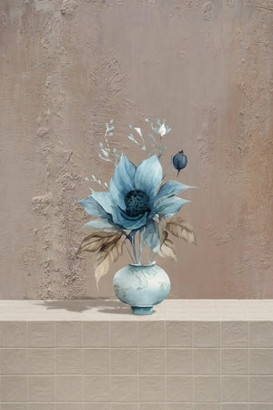 The Petite Bloom - AED 500/week - muted teal anemone with taupe leaves and delicate sprigs in a light teal ceramic vase by Amicis